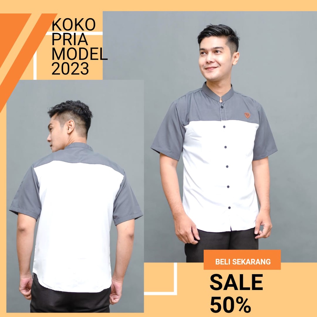Kemeja Muslim Pria Baju Koko Kurta Dewasa Bahan Katun Signature Lengan Pendek Laki Laki Sopan Kerah 