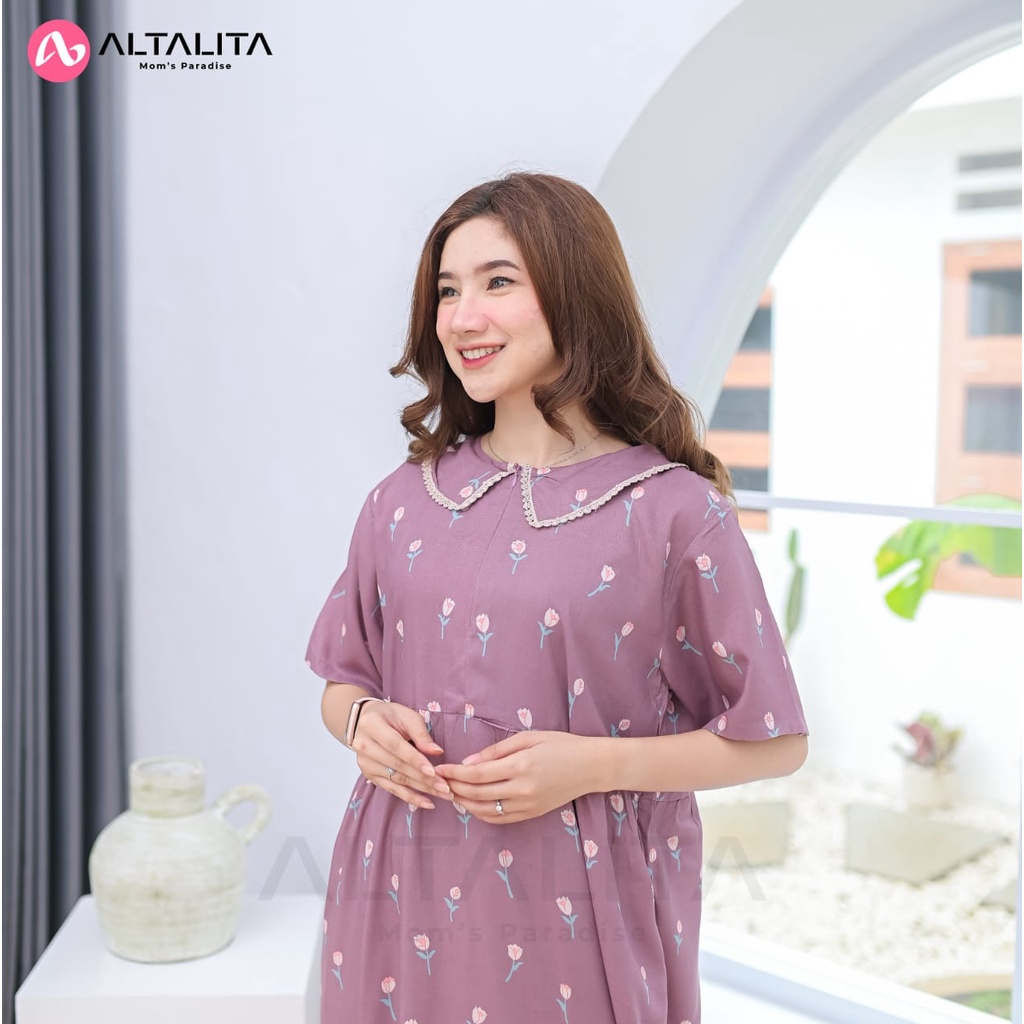 Altalita - Daster Kerah Renda Motif Remaja Kekinian Wanita Busui Panjang Semata Kaki Lengan Pendek Bahan Rayon Premium  Jumbo LD 120