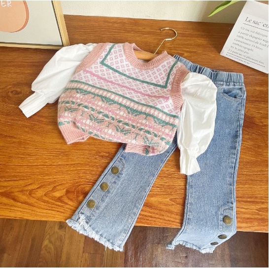 SETELAN 3 IN 1 ANAK CEWEK MODEL ROMPI PINK RAJUT JEANS SIZE 100-140