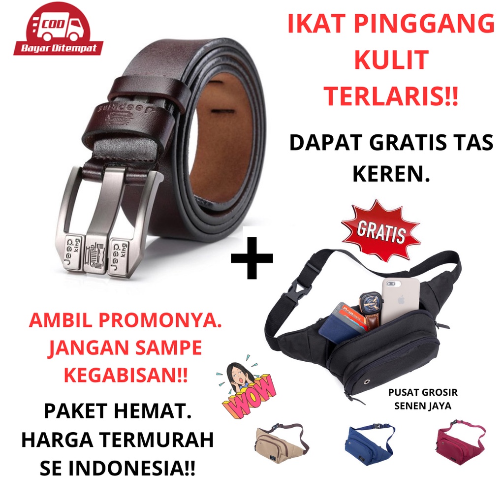 HEMAT sabuk jeep ikat pinggang kulit terbaik dan terlaris-dapat gratis tas slempang/waisbag keren ge