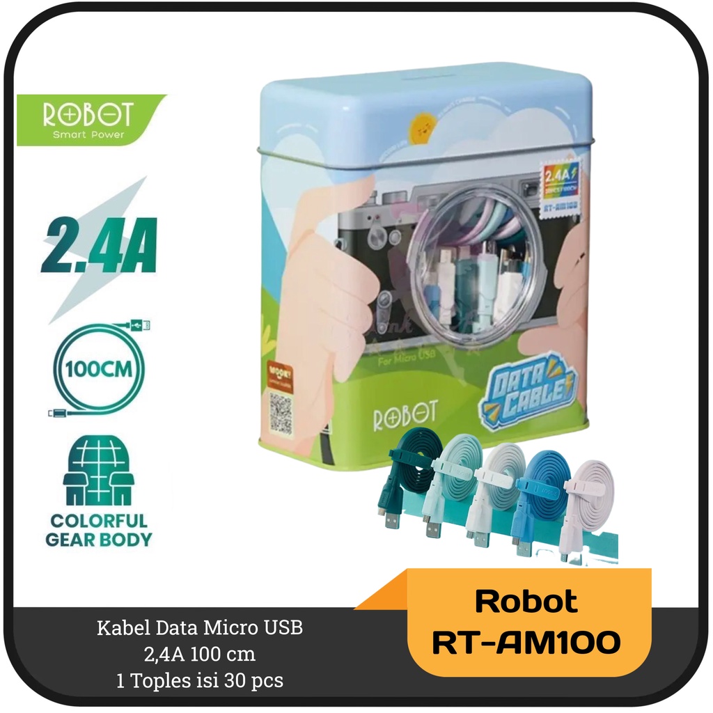 Kabel data Micro USB 2.4A Robot RT-AM100 1 Toples isi 30 pcs