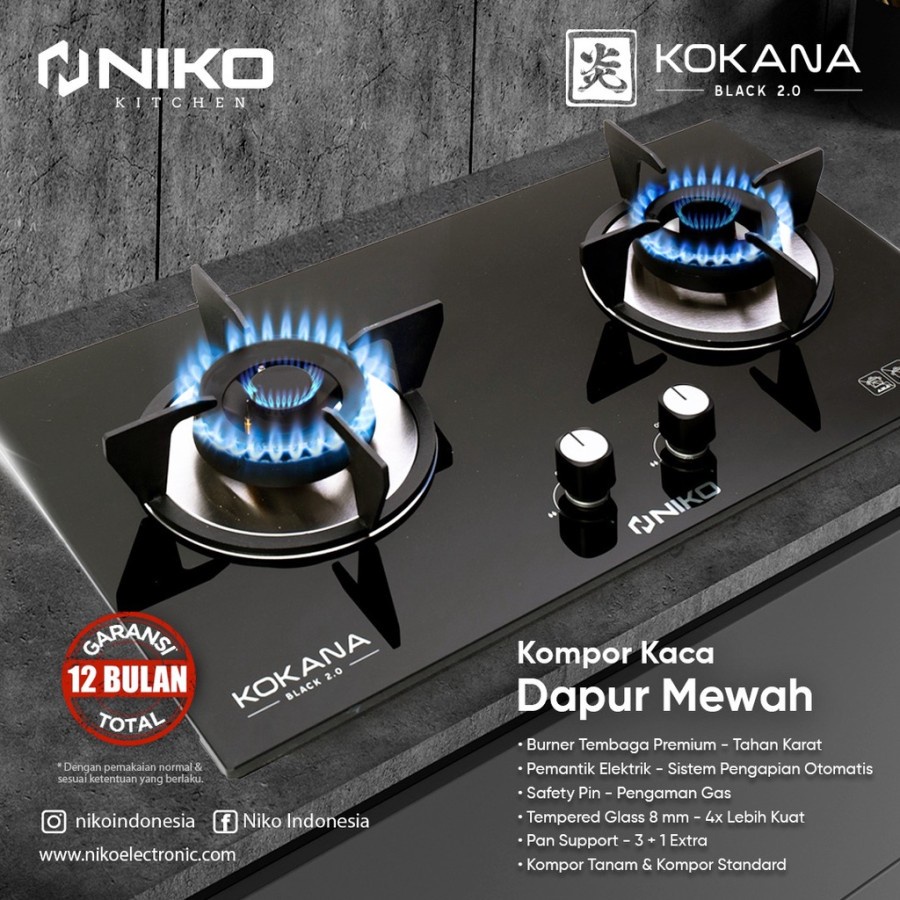 Kompor Gas Tanam Niko Kokana 2 Tungku / Kompor Kaca