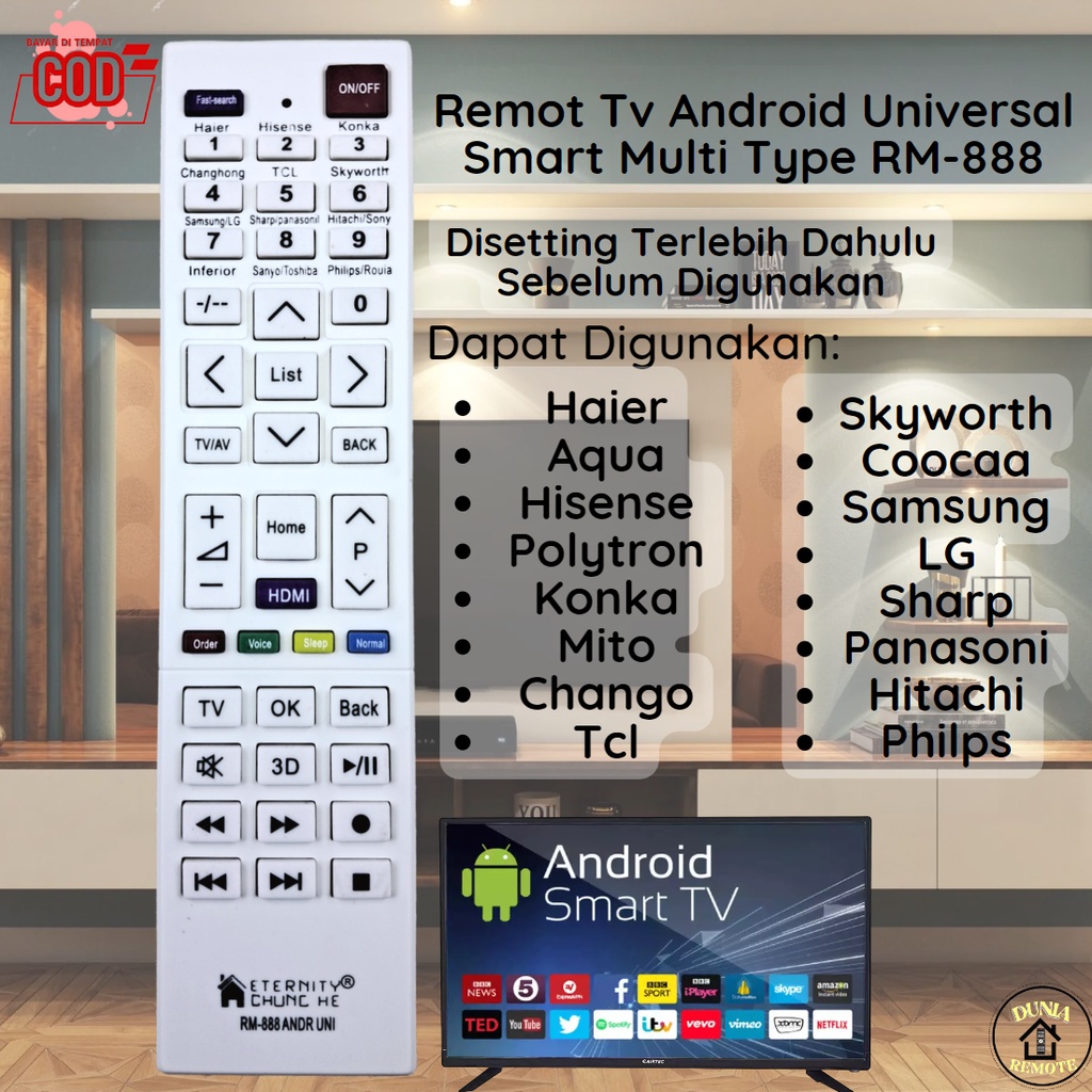 Remote Multi Universal TV LED SMART TV ANDROID Chunghe RM- 888 ANDR UNI (Changhong, Hisense,Konka, Mito, Ichiko,dll)