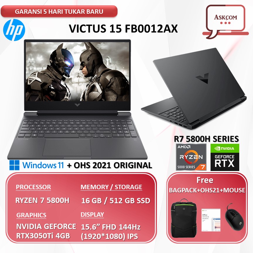 Laptop HP Victus Gaming 15 FB0012AX RTX3050TI 4GB RYZEN 7 5800H RAM 16GB 512GB SSD OHS 15.6FHD 144HZ W11