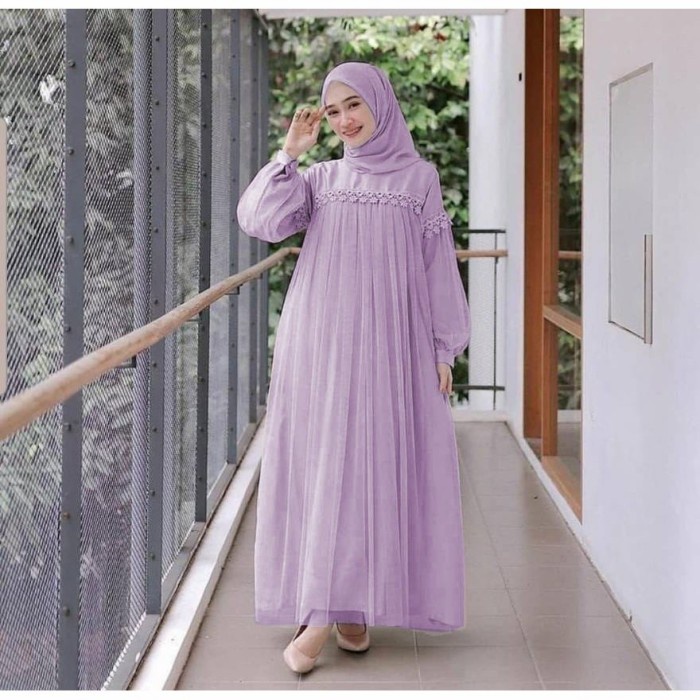 Dress Syari Wanita Muslim Baju Setelan Pesta Cewek Muslimah Brukat - Lilac, M P9X7