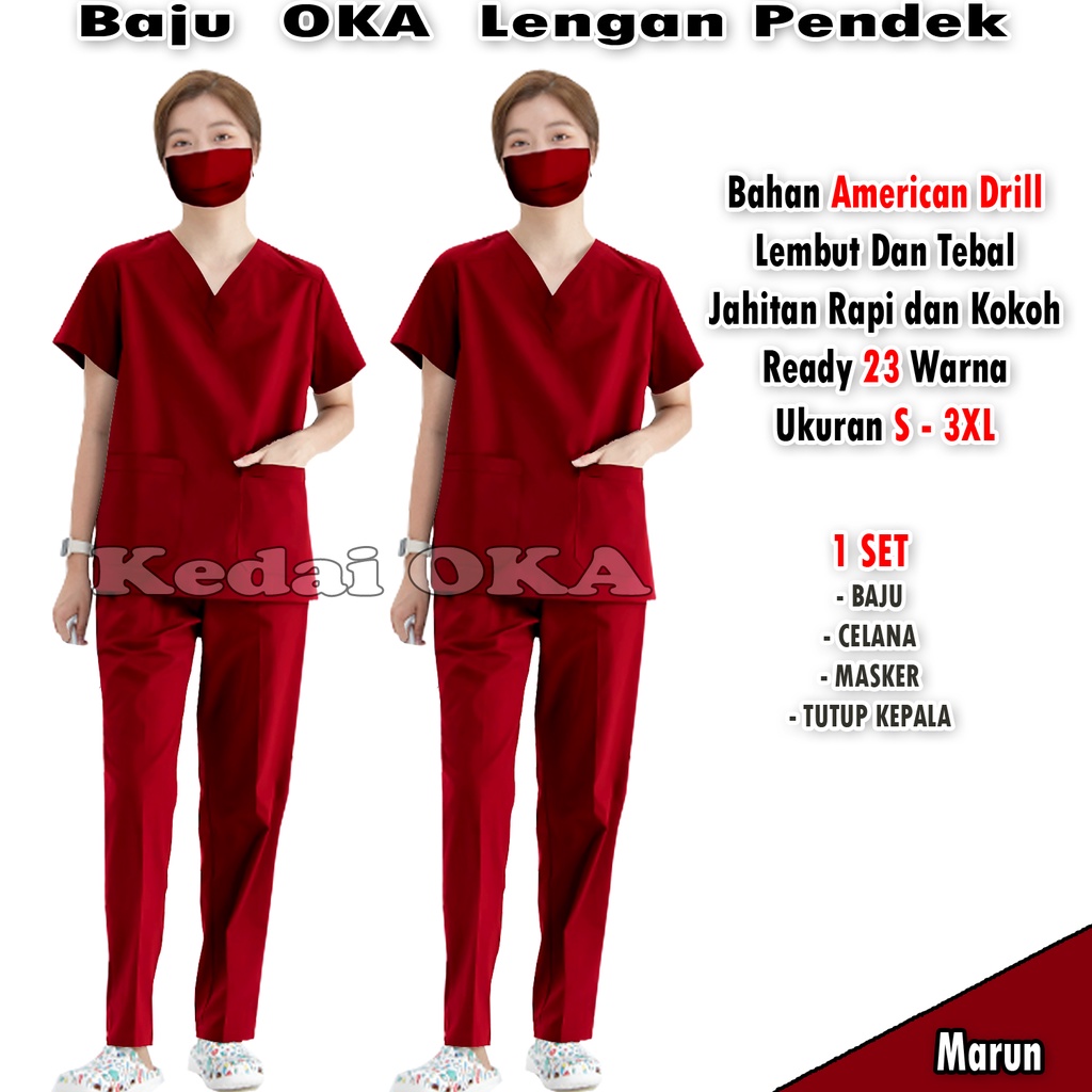 Baju Oka Perawat - Seragam Kerja Medis - Baju OK Lengan Pendek - Scrub Oka - Baju Jaga Dokter Bidan - Bahan American Drill - Promo