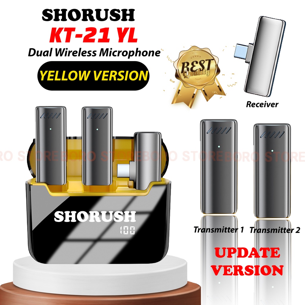 Shorush KT 21 YL Yellow Version Dual Mikrofon Mic Clip On Lavalier Nirkabel Wireless Live Streaming 