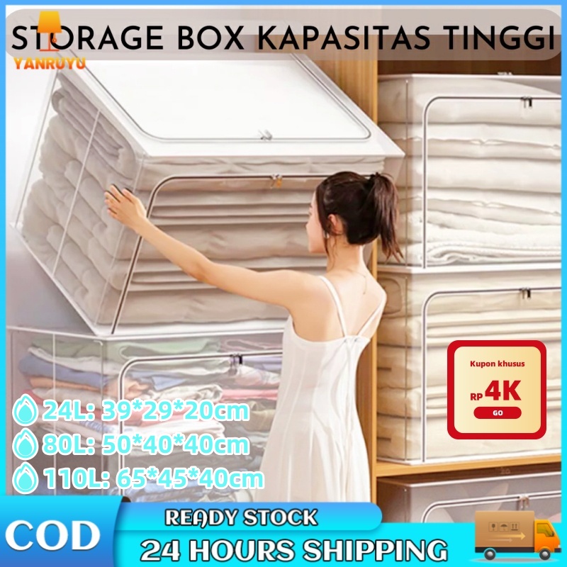 Storage Box Besar  24/80/110L  Storage Box Transparan Storage Baju Tempat Pakaian Serbaguna Storage Box Multifungsi Frame Baja tahan air COD