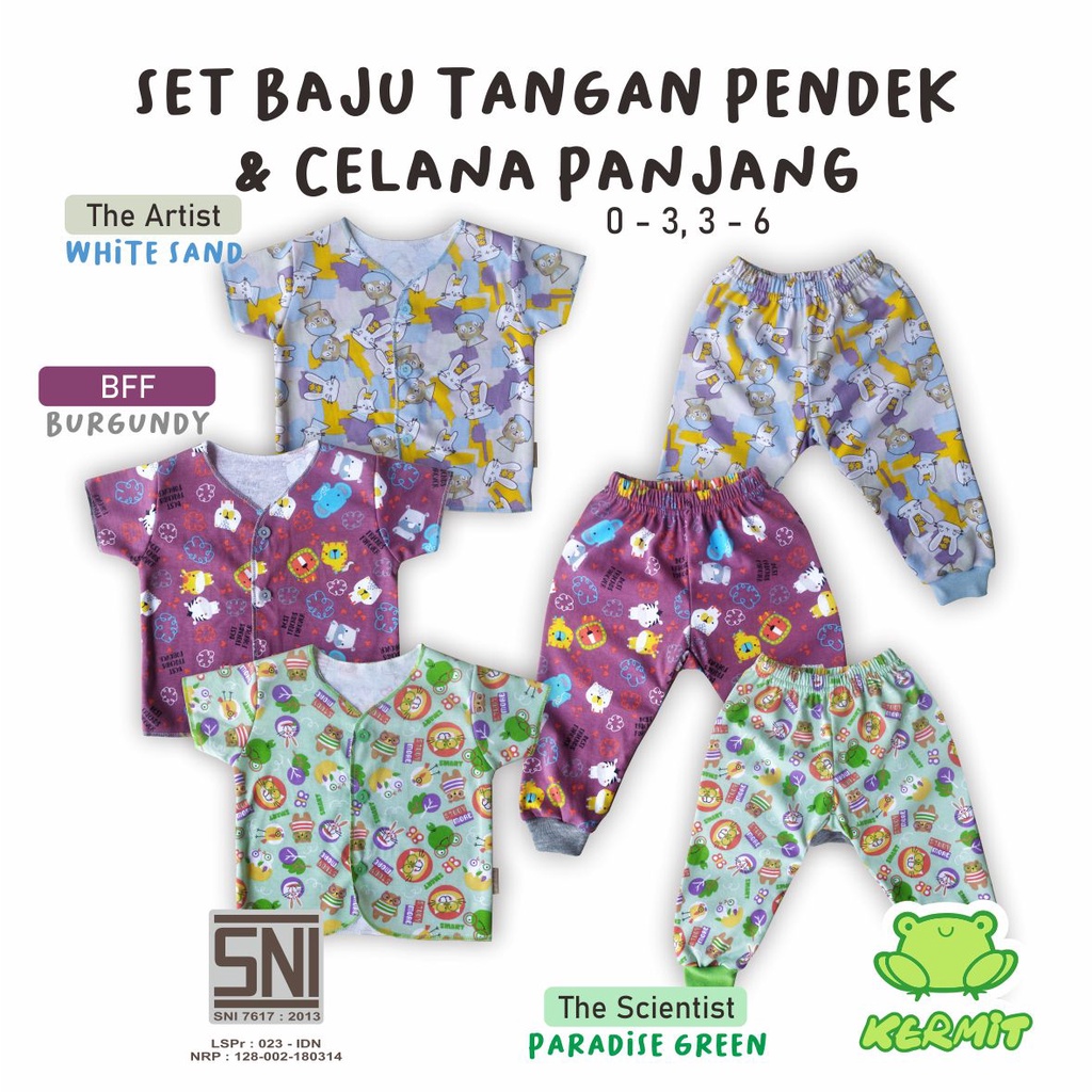 BABY KERMIT - Setelan Baju Pendek Dan Celana Panjang Anak Bayi Laki Laki Perempuan 0-6 Bulan SNI Mix