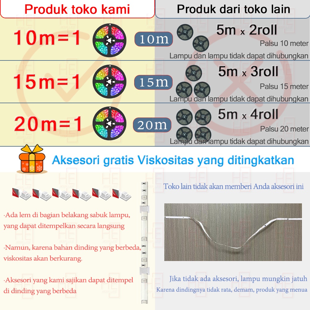 PAKET LAMPU TIDUR LED STRIP RGB SMD 2835 5050 HIASAN KAMAR 5M 10M 15M 20M AESTETIC REMOTE ADAPTOR TEMPEL DINDING DISCO