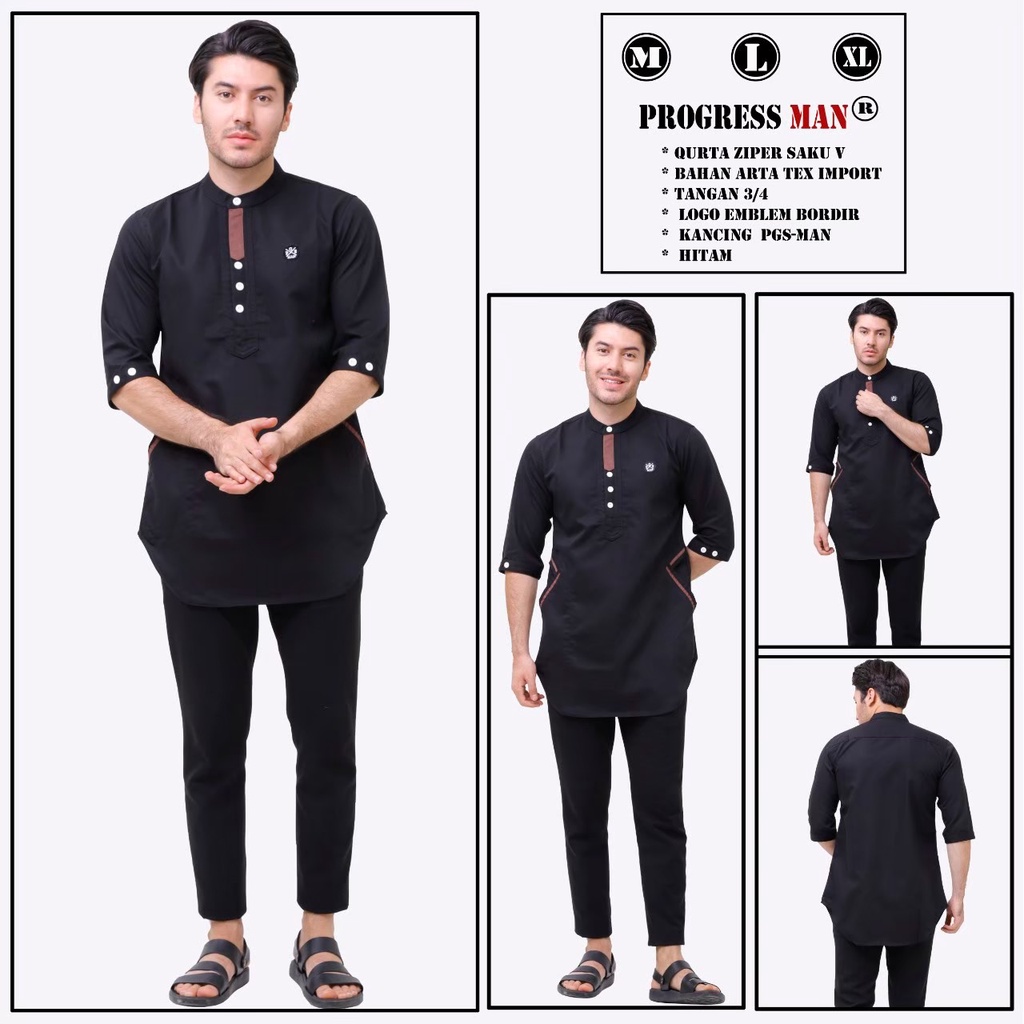 PROGRESS MAN Baju Muslim Pria Dewasa Premium  Kurta V  Koko Cowok Original Lengan Tiga Perempat kurta Pakistan Terbaru Lebaran 2023 Warna V MAROON