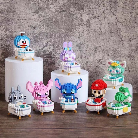 Mainan Balok Susun Nano Block Bathtub Series Doraemon Hello Kitty Mario Purin Lilo Stitch Mickey Melody Stellalou Mainan Anak Nanoblock Balok DIY Bricks