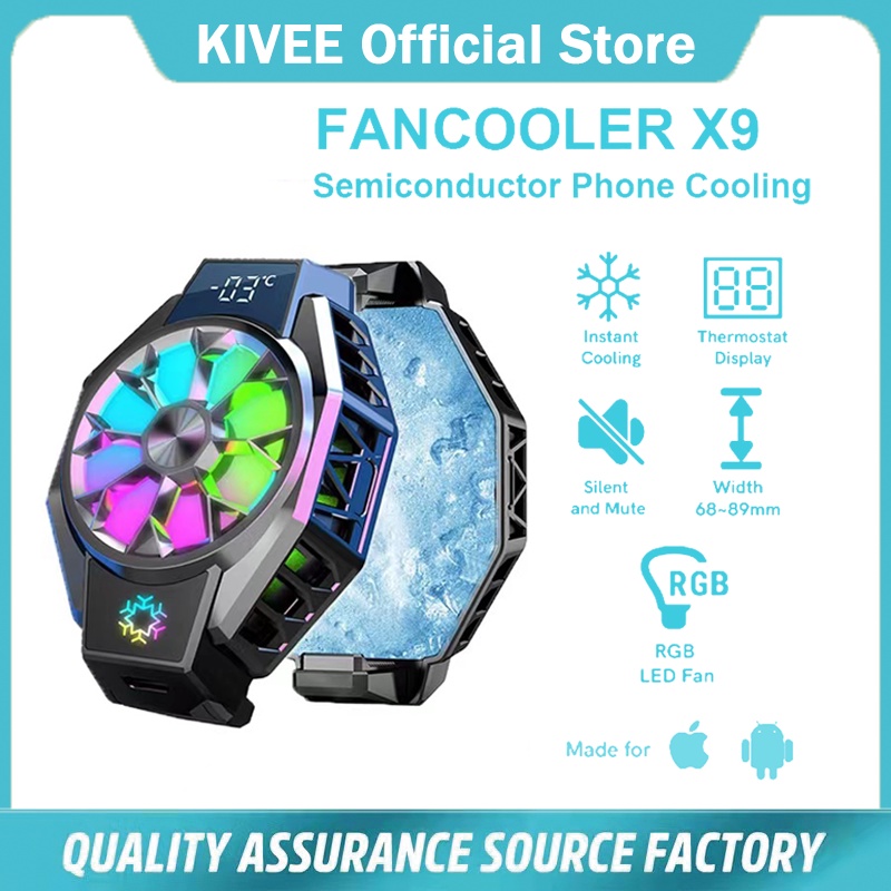 KIVEE Kipas Fan cooler HP Clip-on Senyap,Peralatan Pendingin Hp Cepat dengan Tampilan Suhu RGB