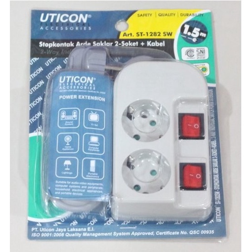 Uticon ST-1282SW Stop Kontak Arde 2 Lubang + Saklar Tersendiri + Kabel