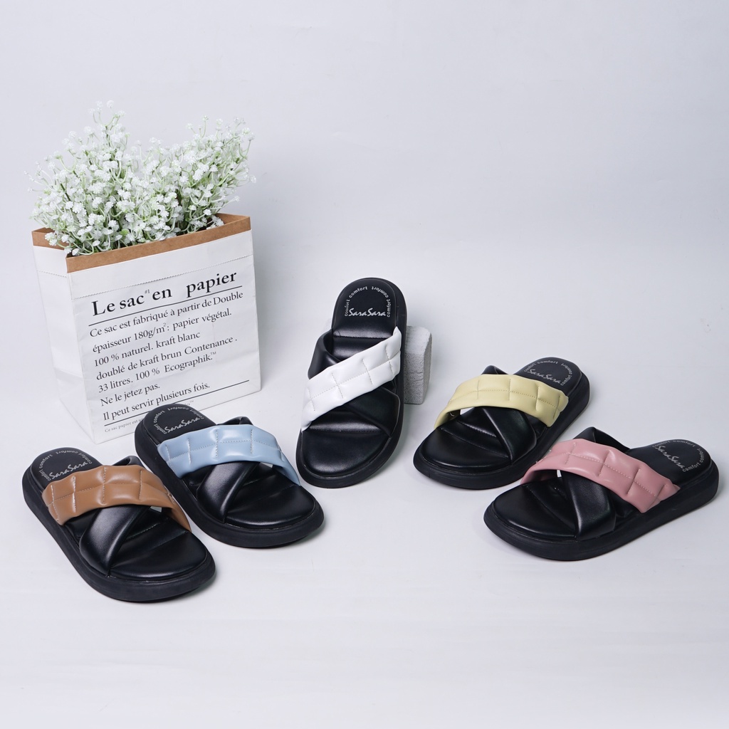 SARASARA YUK - NONNA Sandal Wanita Wedges Silang Tinggi 3cm Size 36 - 40 Casual Sendal Cewek Platform 37 38 39 untuk Jalan Pergi Santai Slop Warna Black Hitam Putih White Selop Premium Original Sara Sara Kekinian Terbaru Shoes ORI Mall Official Store