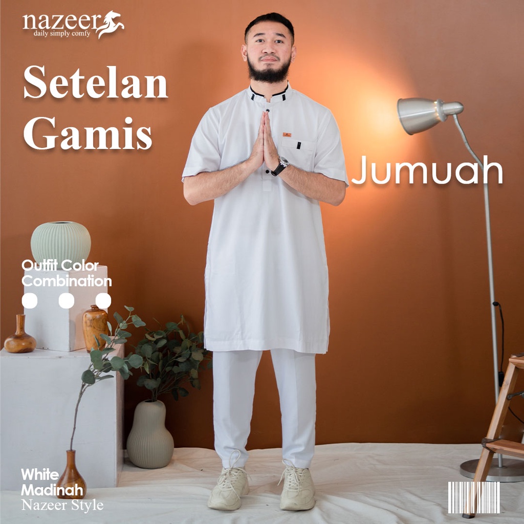 Setelan Celana Gamis Pria Kurta Pakistan Katun Madina Koko Muslim Lengan Pendek Dewasa Putih