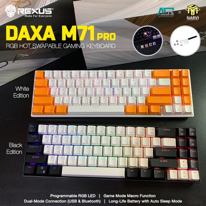 Terlaris Rexus Daxa M71 Pro Bluetooth Wired Rgb Hotswapable - Gaming Keyboard