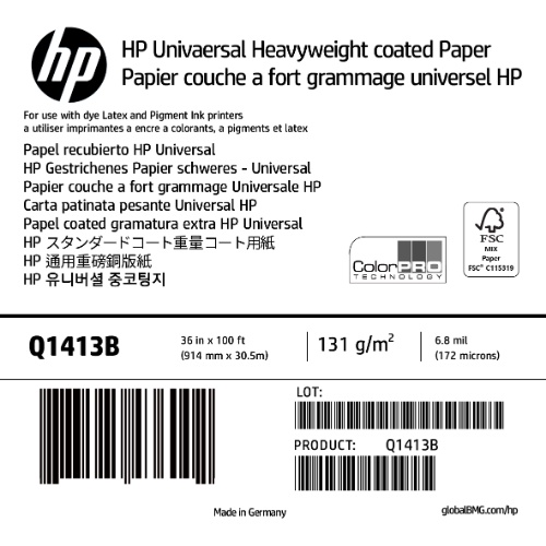 

HP Universal HeavyWeight Coated Paper 36"x100' 6.8mil 131g/m2(35lbs) 914mmx30.5m Q1413B
