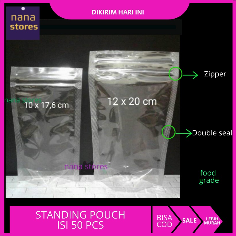 Plastik Standing Pouch 10x17.6 & 12x20 Double Seal, plastik ziplock double seal kemasan berdiri beni