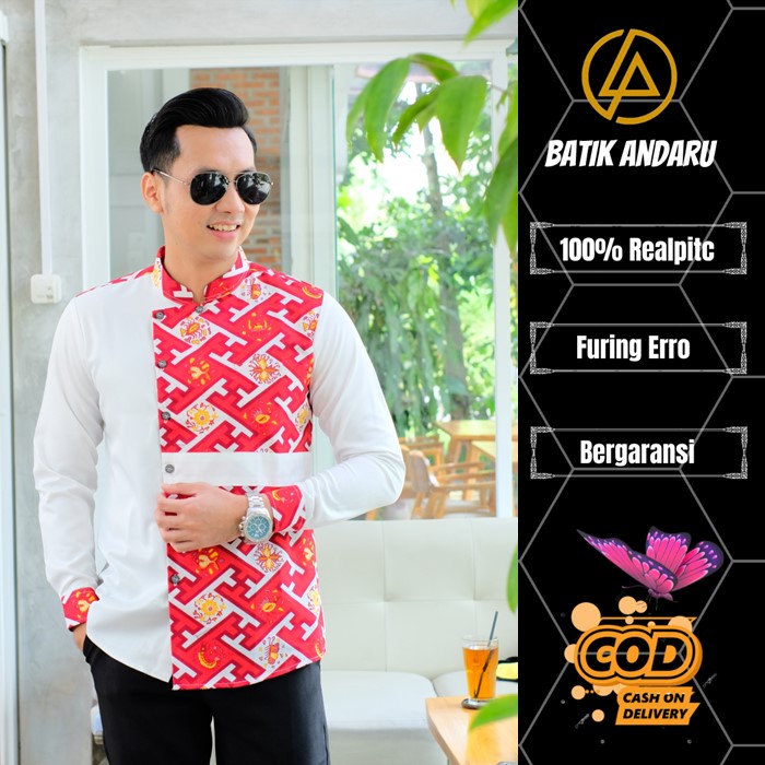 Baju Koko Qurta Pria Slimfit Lengan Panjang Modern Heem Premium Warna Merah Putih