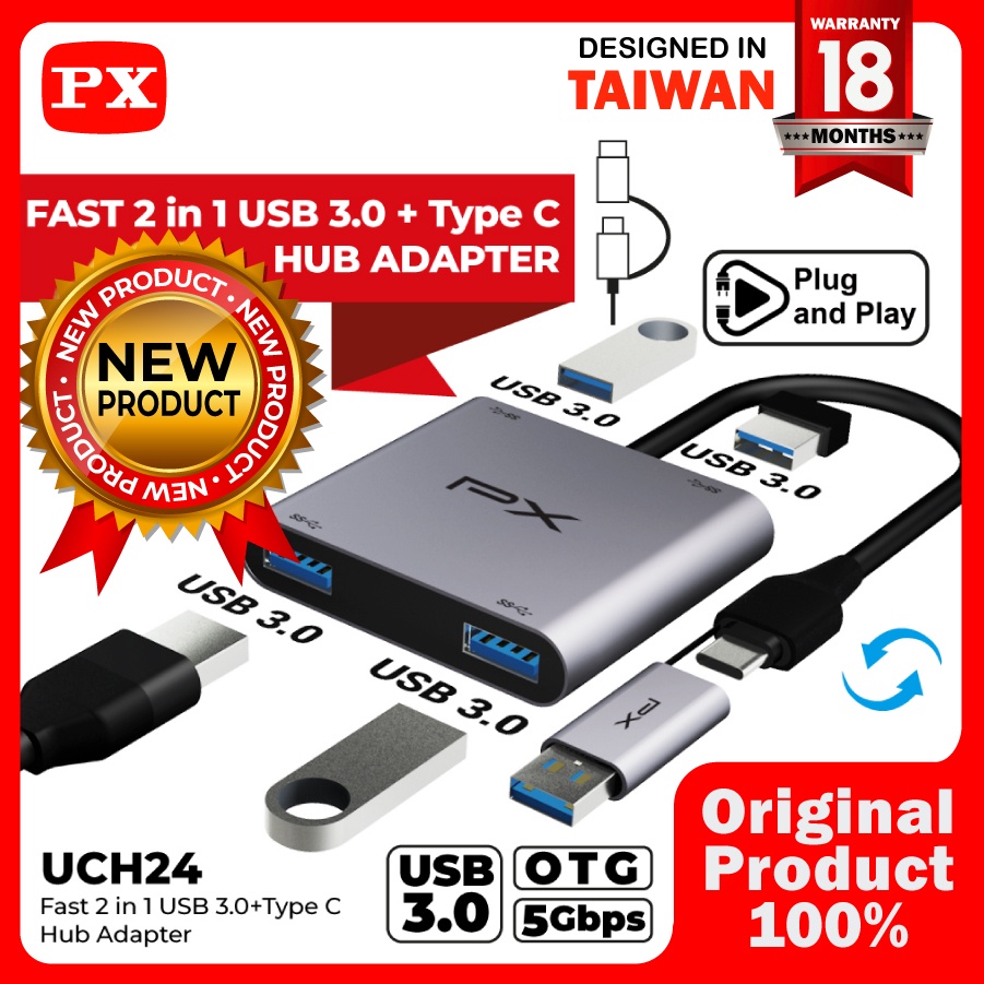 OTG Type C 2in1 USB 3.0 Hub Adapter Laptop Handphone 4 in 1 PX UCH24