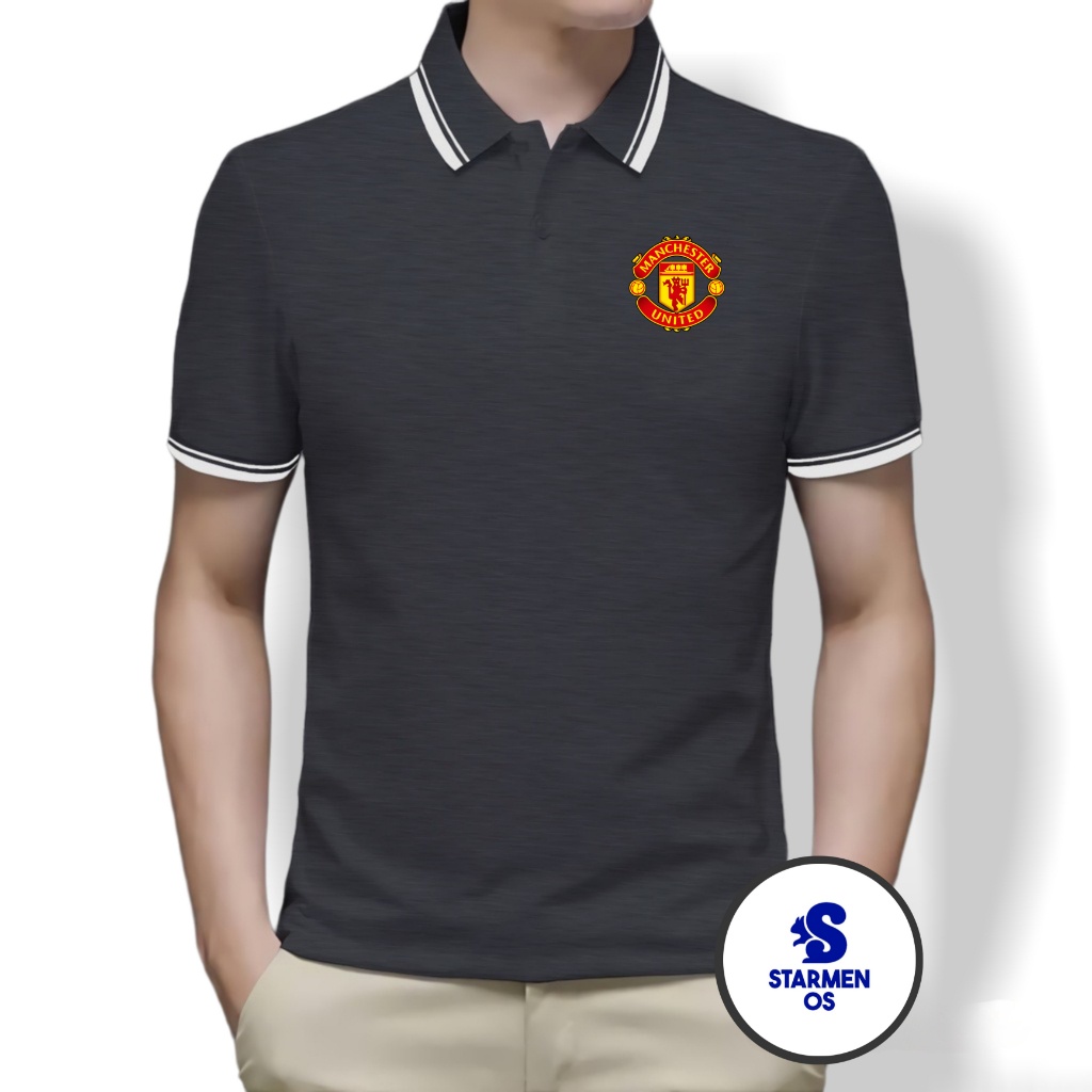 Kaos Polo Shirt Pria Kerah List Putih logo MENCHESTER UNITED