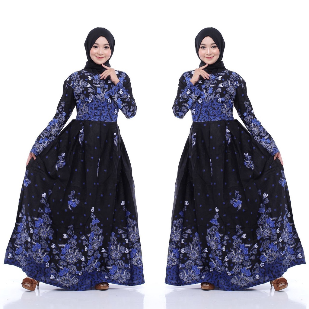 Saroja (023) Couple Keluarga Batik Gamis Batik Katun Premium Motif Sakura Biru