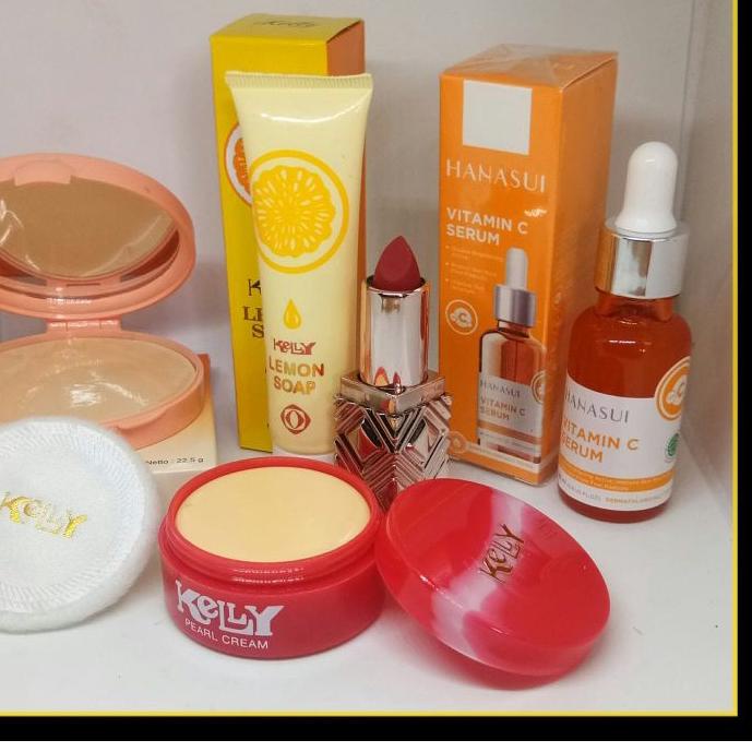 ✤ Paket Kecantikan 5IN1 - Bedak Padat Kelly - Kelly Lemon Soap - Kelly Pearl Cream - Hanasui Vit C S