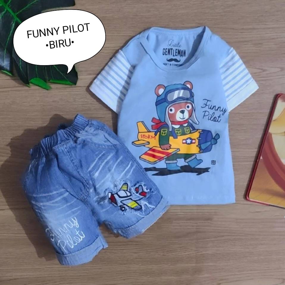 Setelan Baju Bayi Laki-laki 3-12 Bulan Kaos dan Celana Jeans Motif Funny Pilot