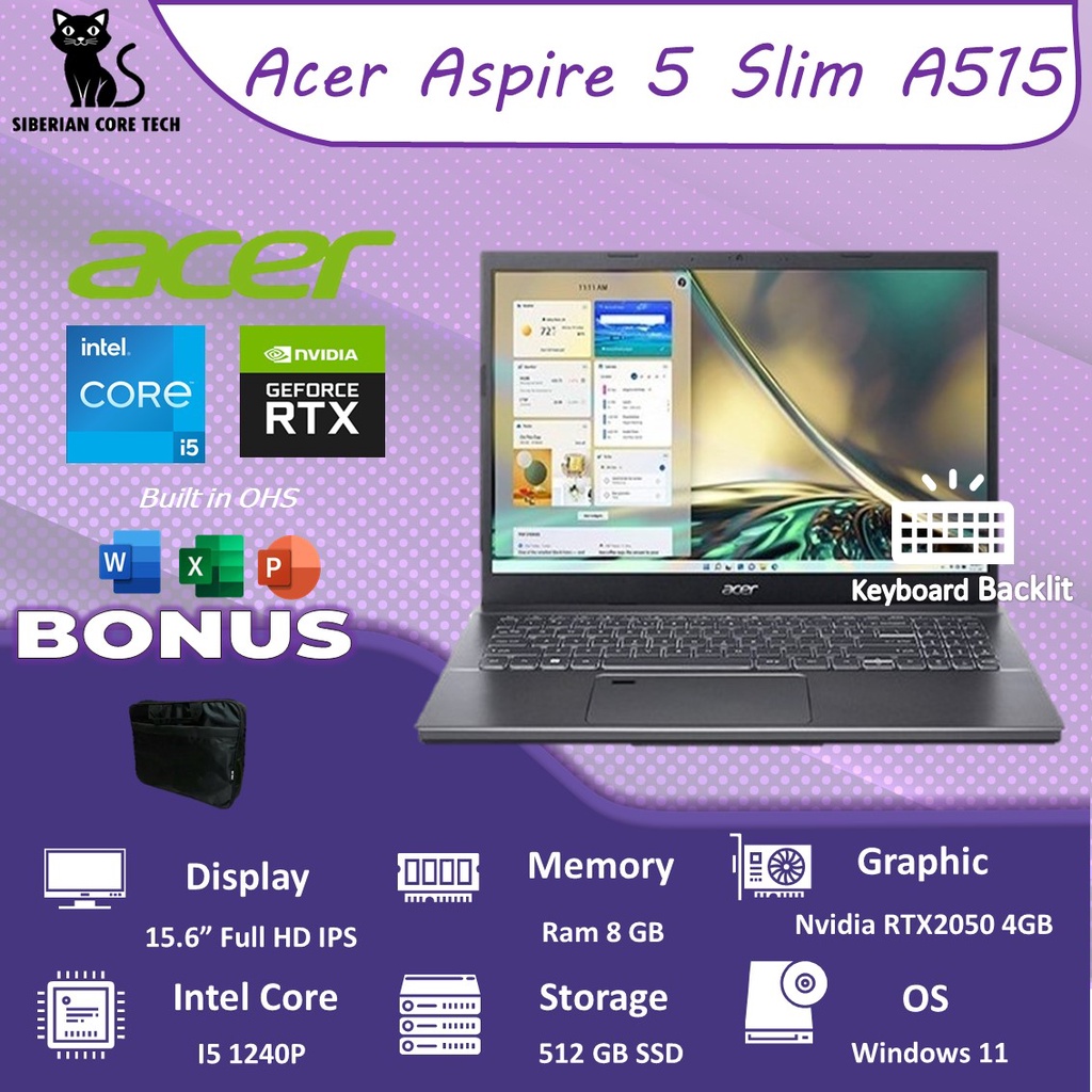 ACER ASPIRE 5 SLIM A515 RTX2050 4GB/ I5 1240P 8GB 512SSD W11+OHS 15.6FHD IPS THUNDERB BLIT FP 1/3/0+ADP BLK -57G.593D