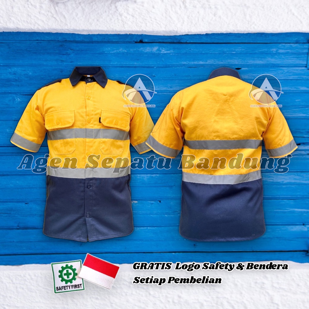 SERAGAM BAJU SAFETY PENDEK ATASAN MODEL TAMBANG KUNING KOMBINASI DONGKER KANCING