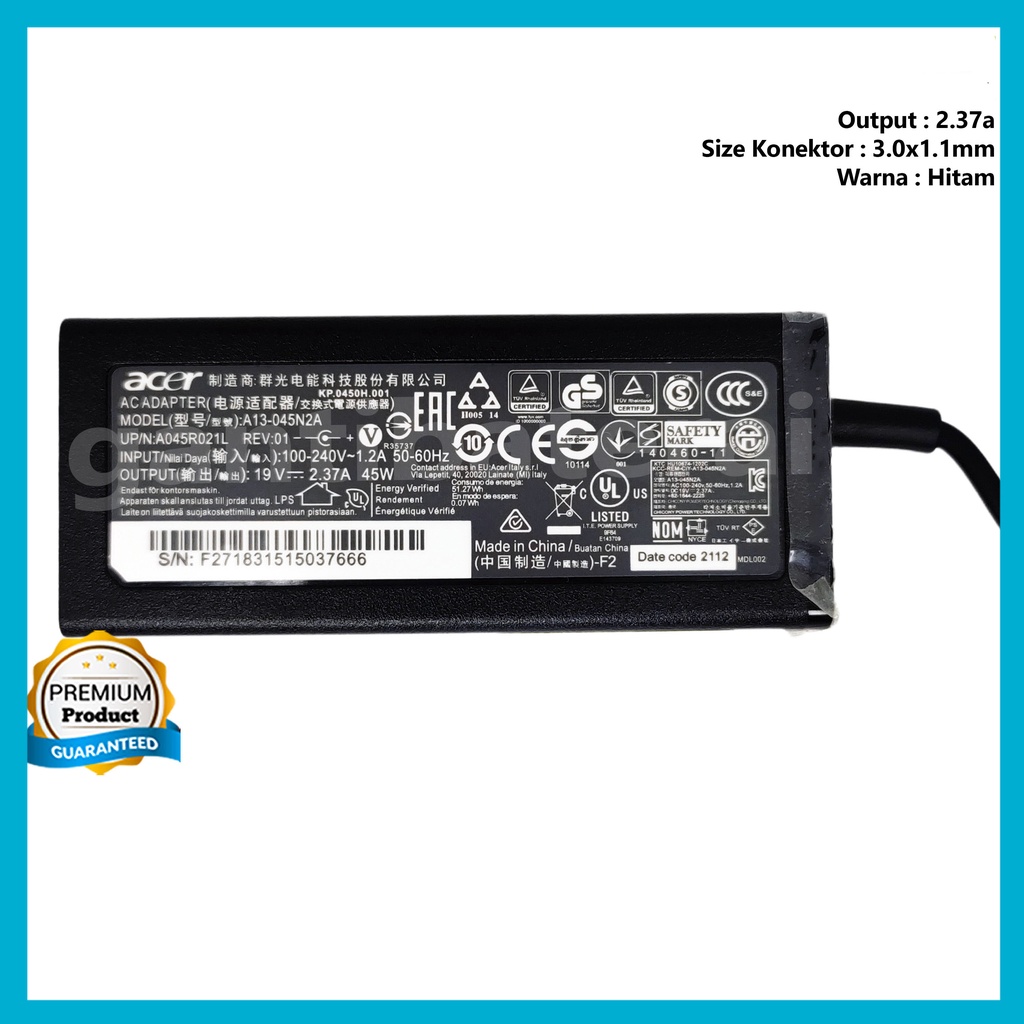 Adaptor Charger Acer Aspire 19V 2.37A 45 Watt 3.0x1.1mm