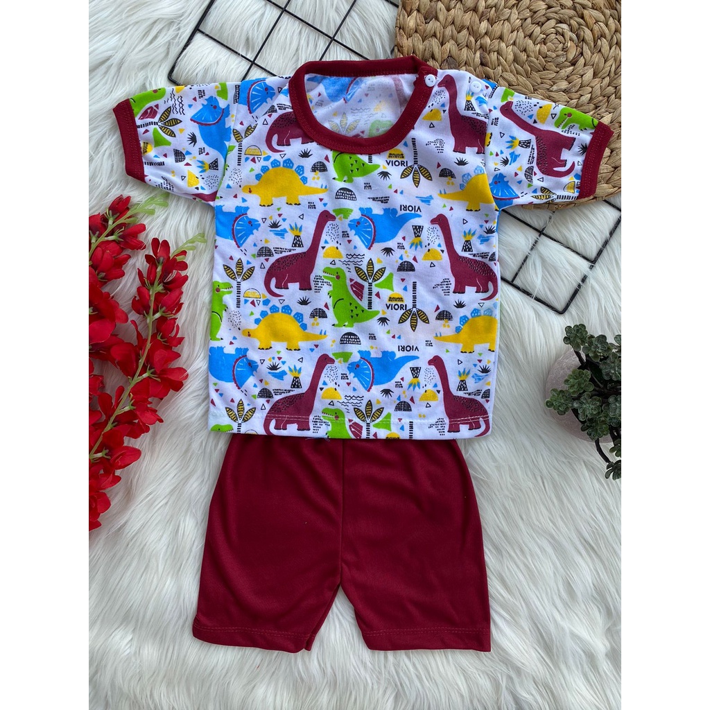 setelan baju anak bayi laki - laki perempuan lucu murah motif DINO LAND pendek 3-18 bulan