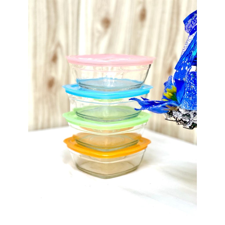 Mangkuk Kaca Tutup Kotak Plastik 250ml/ Mangkok Kaca Kotak Tutup Warna