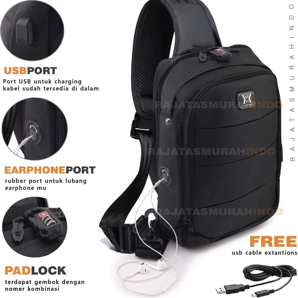 dqw82 GEAR BAG KEY 13132 - Tas Selempang Pria Anti Theft Casual With USB & Password Lock Promo Spesi
