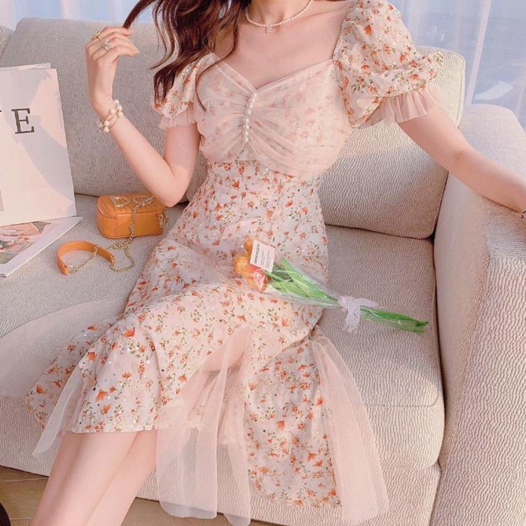 TERMURAH dress korean style import brukat pink wanita/dress bunga/dress korea/dress wanita/midi dres
