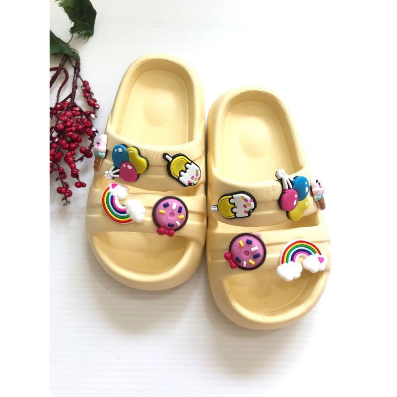 Sandal anak perempuan Casual ban dua slip on motif jibitz lucu gemoy