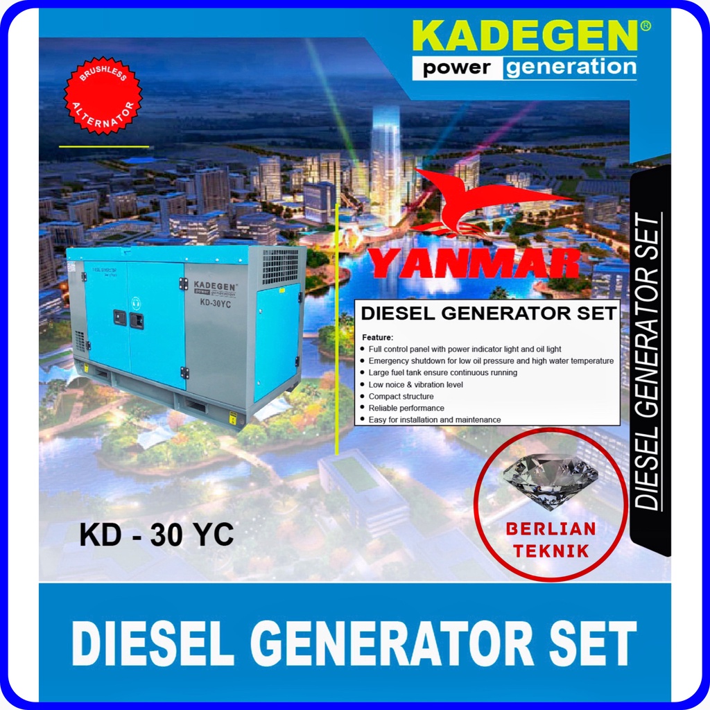 Diesel Generator Silent Mesin Genset Kadegen KD 30 YC + Yanmar 30 KVA / 24 KW 3 Phase