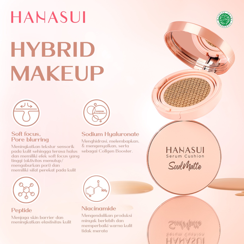 HANASUI Serum Cushion SoulMatte Indonesia / Cusion Wajah 15g / Hybrid Make Up No Cracking Matte Finish Perfect Coverage Antioksidan / Light Natural Medium Pinkish Sand / Cosmetic Makeup Skincare Face Soul Mate Series / Compact Loose Powder BB Bedak Padat