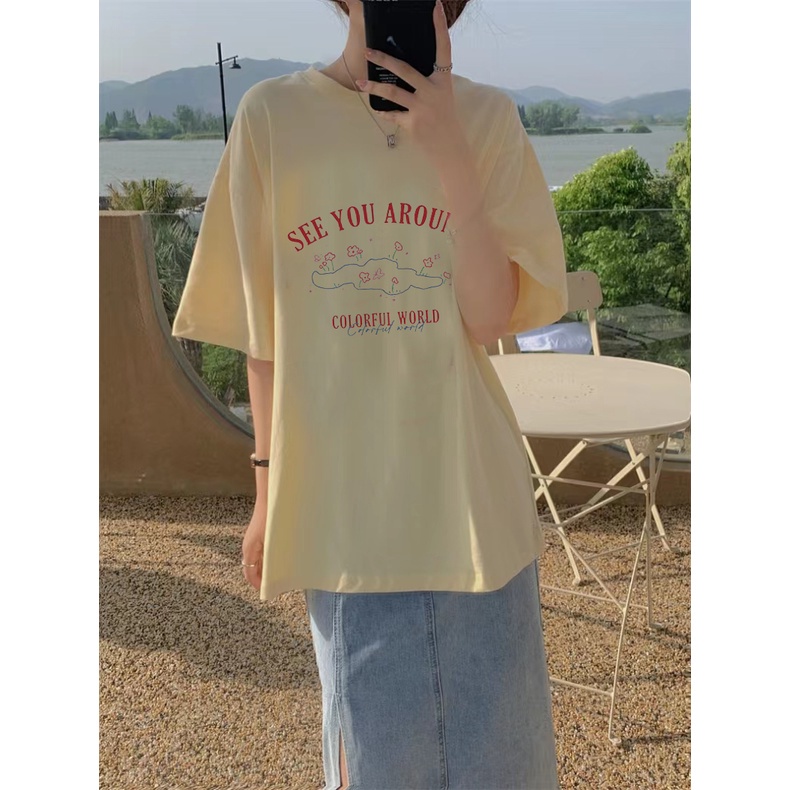 Vintage Kaos Lengan Pendek Cream Atasan Wanita Oversize Printed T-shirt Kekinian Korean Style