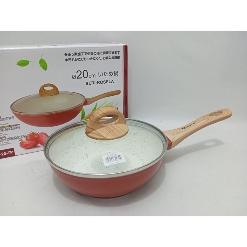 Wok Pan Marble TeflonWT-20-TP Monowa Putih Panci Wajan Keramik Gagang + Tutup Kaca 20cm