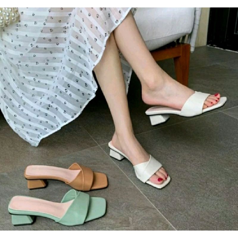 sandal selop santai wanita hak tahu 3cm kekinian