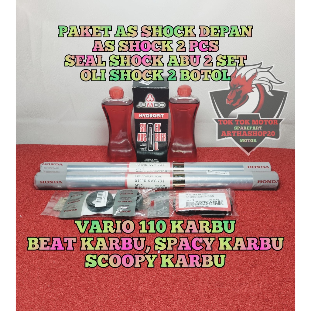 Paket AS Sok Depan 2Pcs + Seal Shock Abu 2Set + Oli Shok Asli Original Motor Honda Beat Karbu , Scoo
