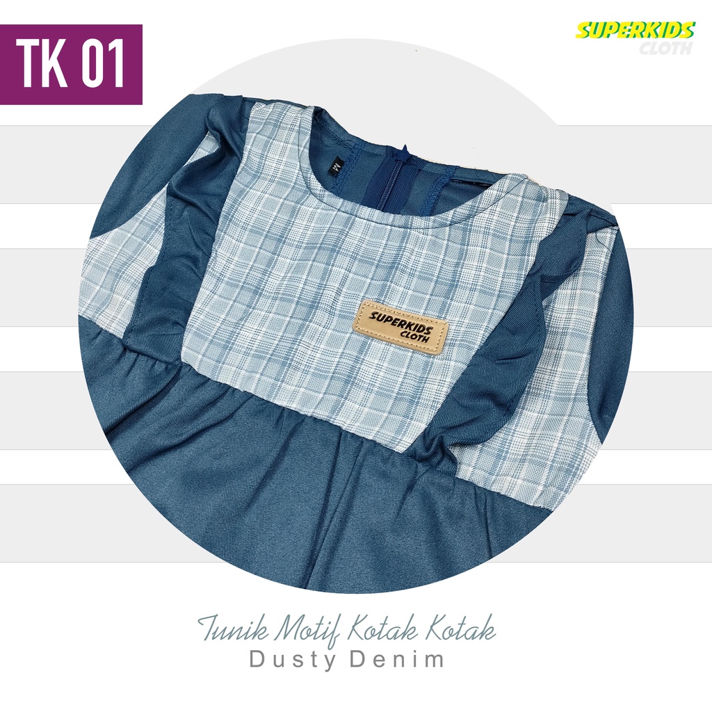 Baju Muslim Anak Perempuan Kotak-Kotak Biru Denim SUPERKIDSCLOTH 1-10 Tahun