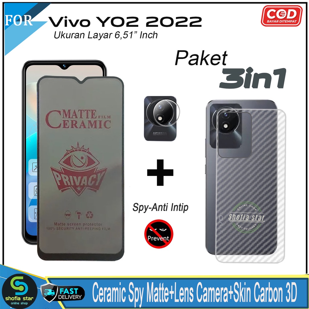 Promo 3in1 Tempered Glass Privacy Spy Vivo Y02 2022 Y02t 2023 Anti Gores Anti Spy Full Layar