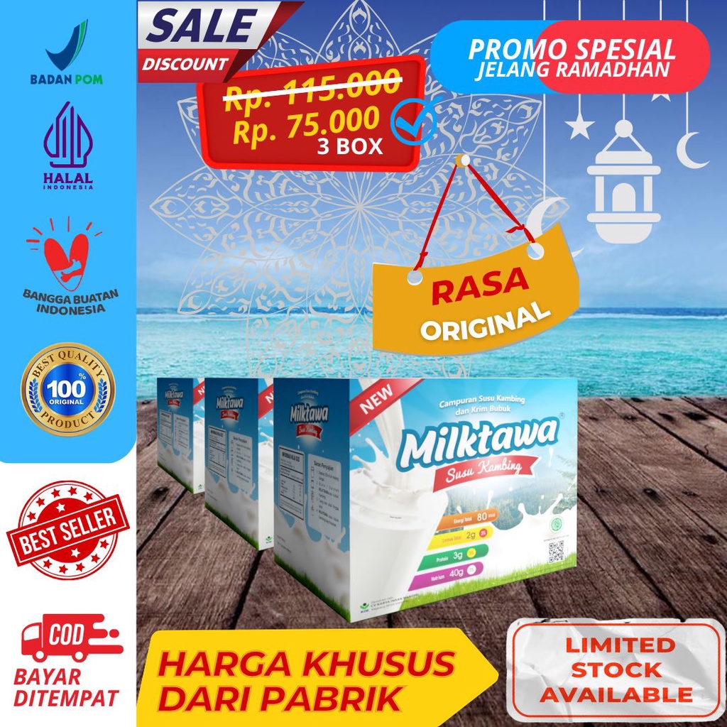 

Paket Hadiah Promo Spesial Ramadhan Susu Kambing Etawa Milktawa 3 pcs Original Kemasan Praktis Sachet