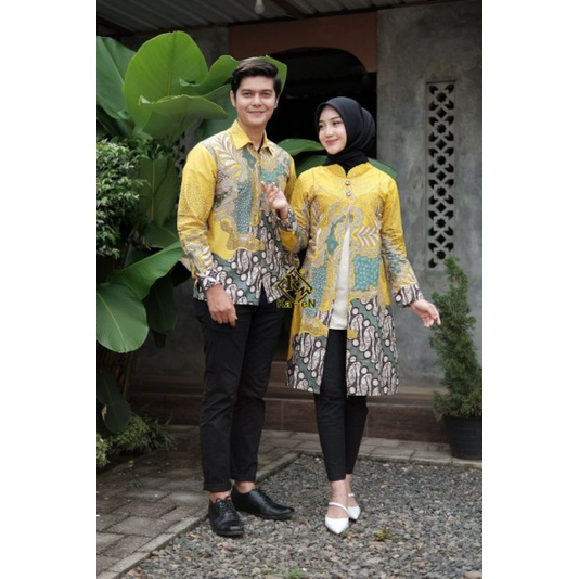 couple batik tunik kemeja lengan panjang motif mawar hitam