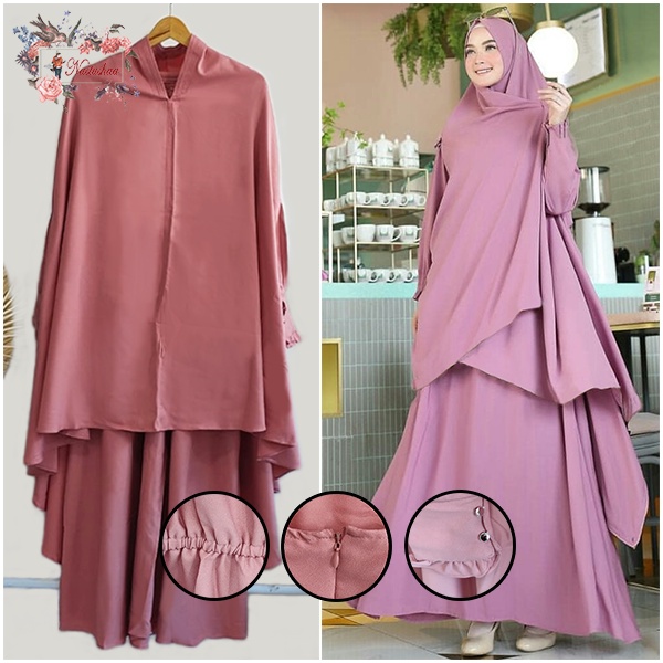 Gamis Polos Wanita Set Khimar Syari Set Gamis Khimar Bolong Tangan Jumbo Bahan Wollycrepe Baju Wanita Muslimah Syari Busui Friendly