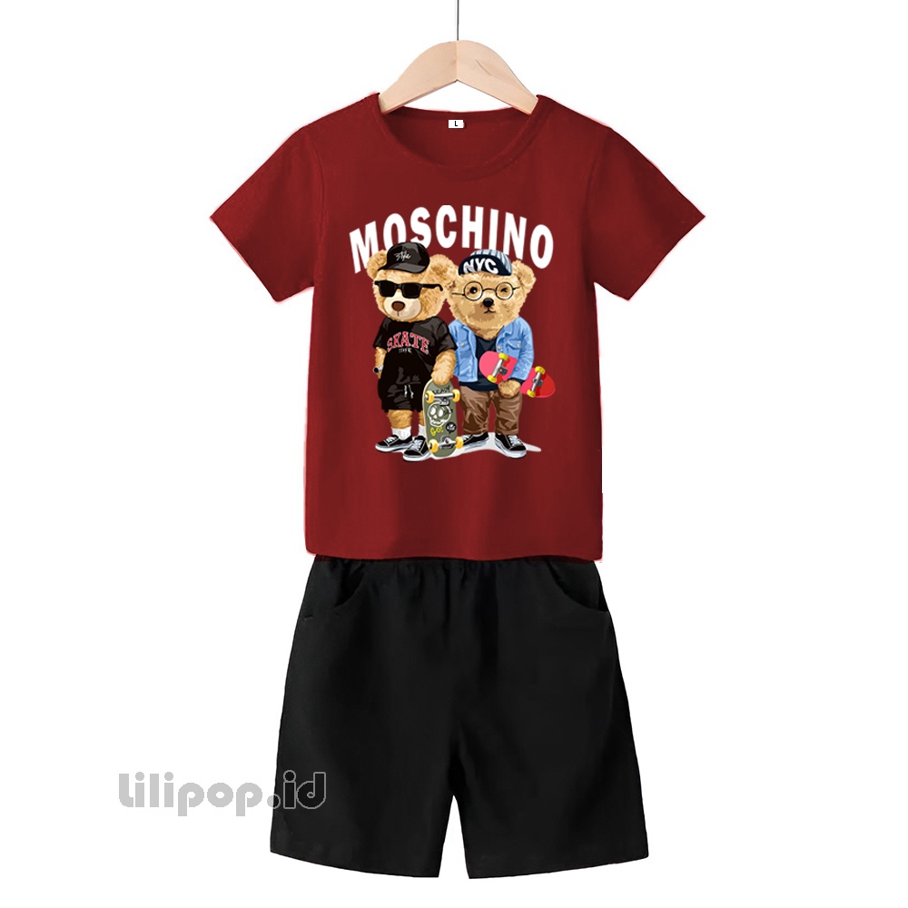 Baju Anak Stelan Kaos 3/4 Moschino.skaterboard Bear Cowok Cewek  Usia 2 - 7 Tahun Celana Pendek Harian