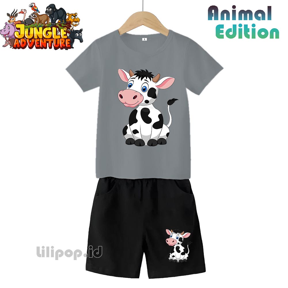 Baju Anak Stelan Kaos 3/4 sapi cow Cowok Cewek  Usia 1 - 4 Tahun Celana Pendek Harian